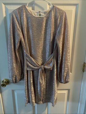 Metallic Rose Long Sleeve Tie-Waist Dress